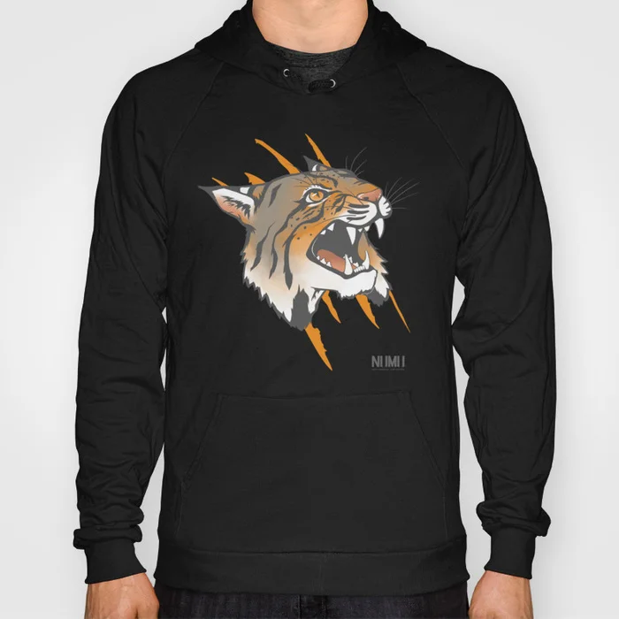 A black hoodie with a wildcat design