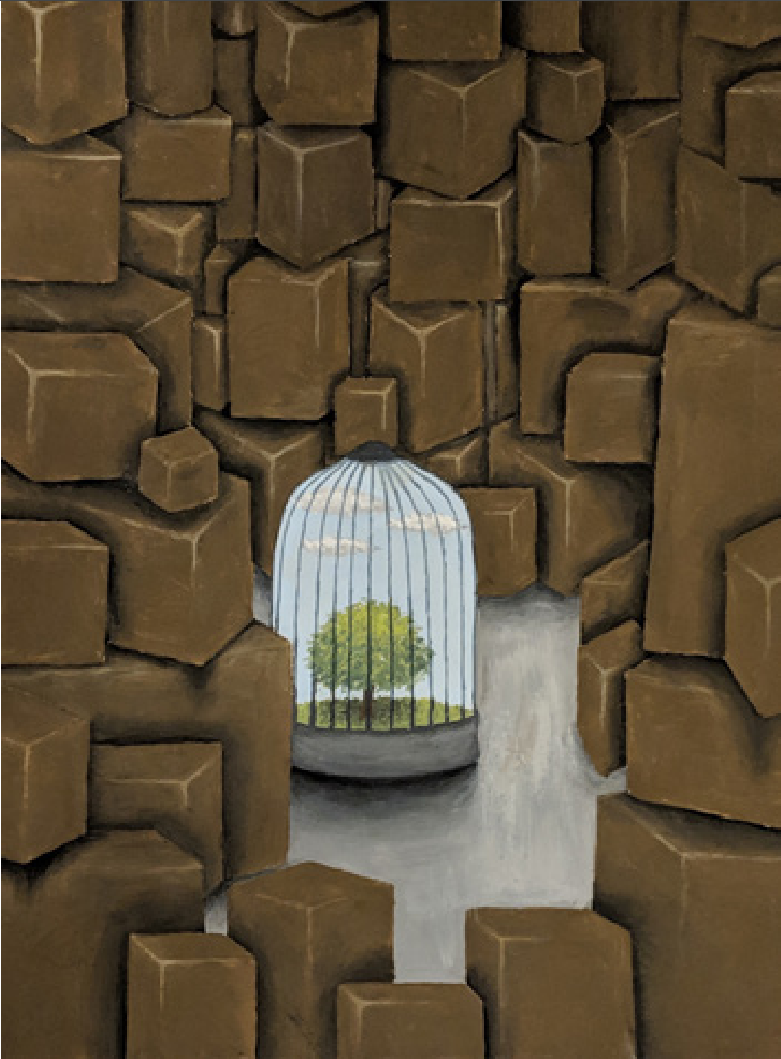  MALIA COOK  Beautiful Bird Cage Among Boxes  Acrylic on paper, pen for cage bars  ArtNow 2019 Dare  Grade 10  Pioneer High School  Instructor: Laurie K Kirk   ”The birdcage contains a vibrant, colorful personality in the otherwise lackluster room fu