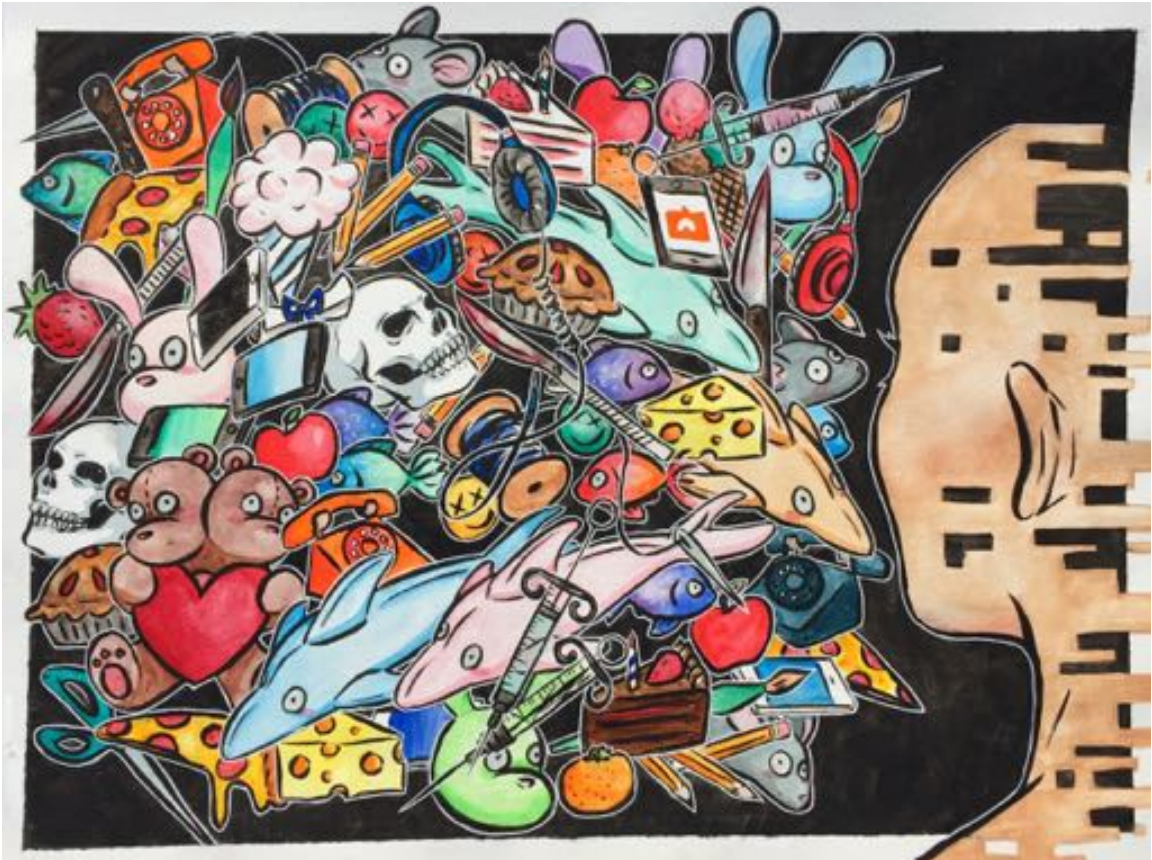  ALICIA YAMAMOTO  Schizophrenia  Ink, watercolor  ArtNow 2017 Choices  Pioneer HIgh School  Instructor: Laurie Kirk   ”Many people affected with schizophrenia have diffculty telling the difference between what is real and what is not, and also strugg