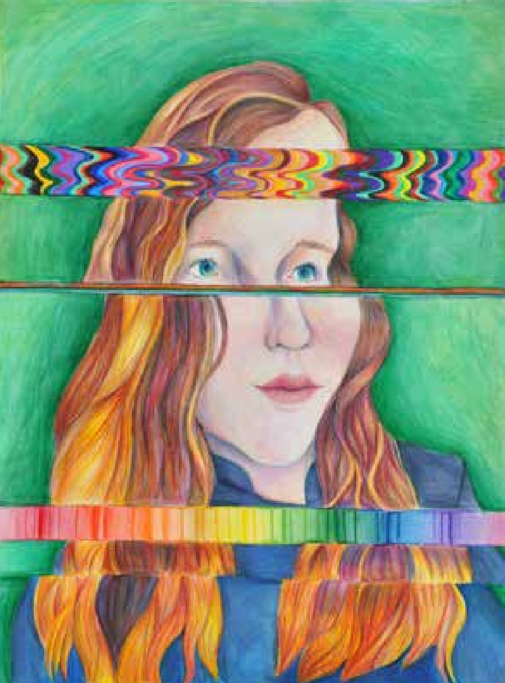  HANNAH FERGUSON Glitch  Colored pencil ArtNow 2015 Bridges Judge’s Recognition for Theme  Leigh High School  Instructor: Kimberly Bartel   ”Being in a mindset where you see yourself as the only person in the world that doesn’t have their life planne