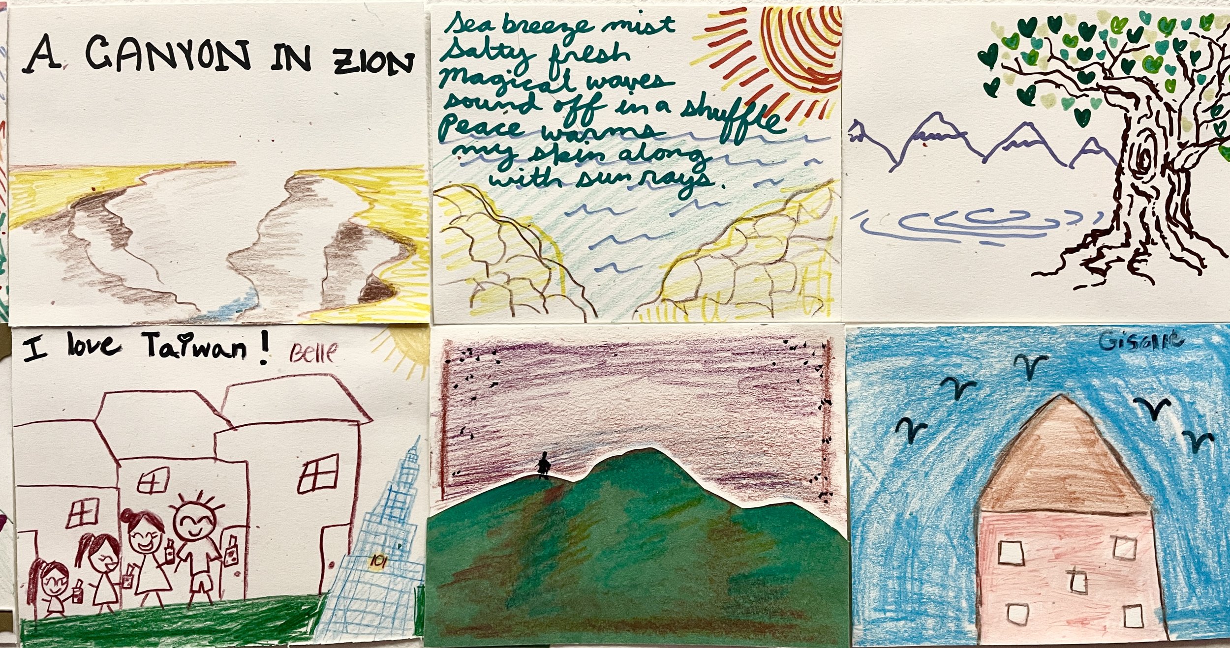 Hand drawn postcards, including a house, a family, water, and more