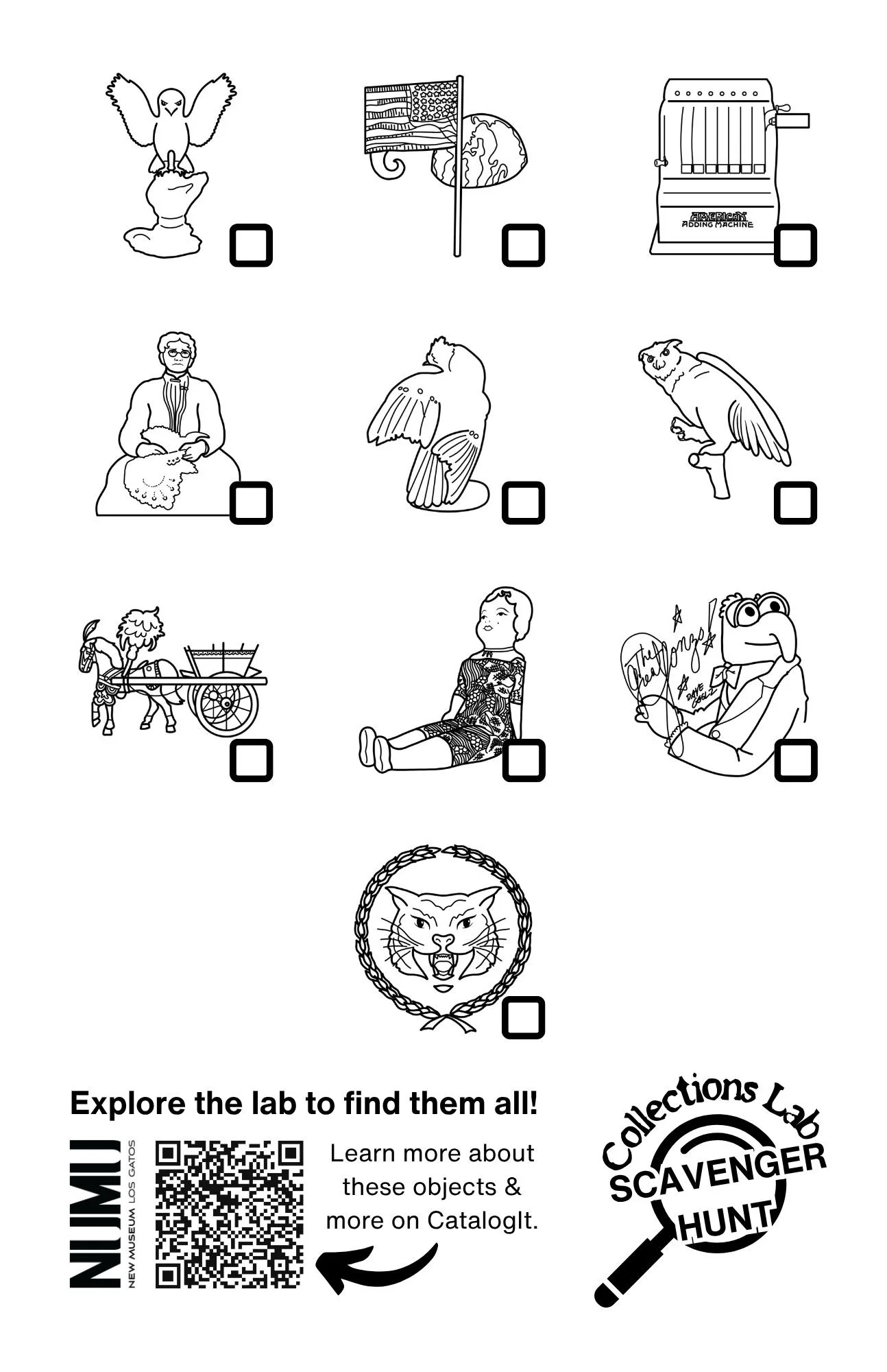 Line drawings of various items, with checkboxes next to them. "Explore the lab to find them all! Learn more about these objects & more on CatalogIt"
