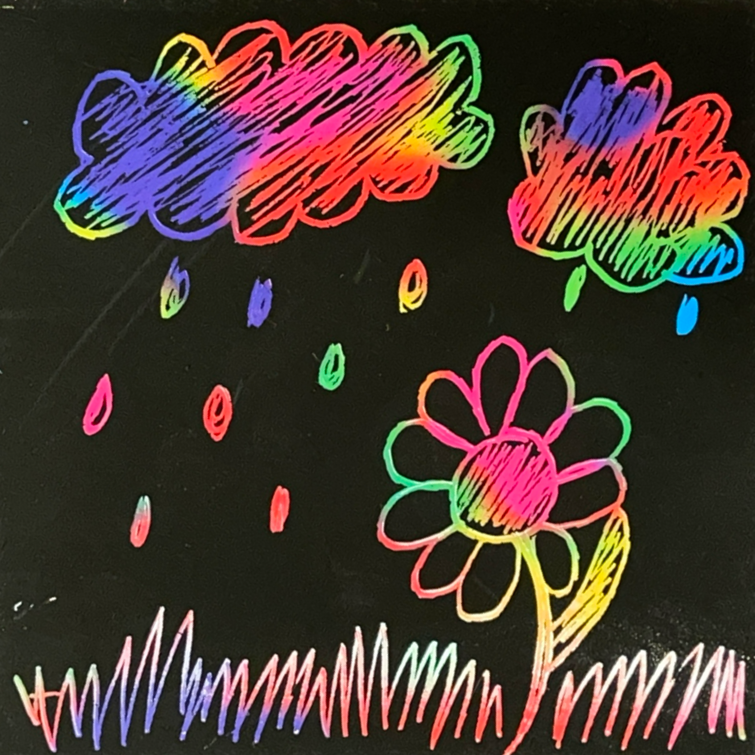 A rainbow image on a black background of a flower in the rain