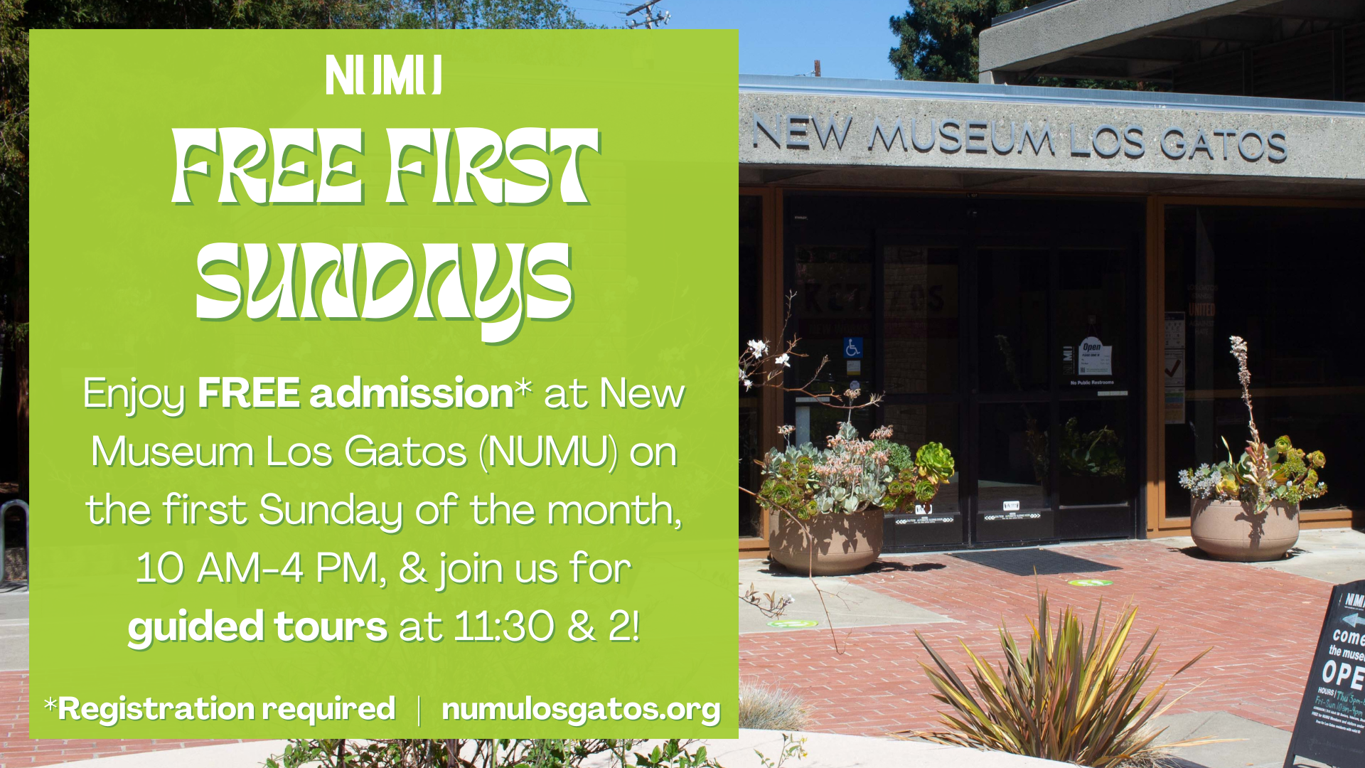 Free First Sundays banner. A photo of the museum's exterior. Textual information below.