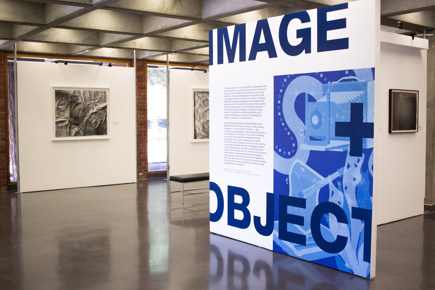 Image of entrance to New Museum Los Gatos with display wall for Image + Object exhibition. Logo for link to Image + Object virtual tour