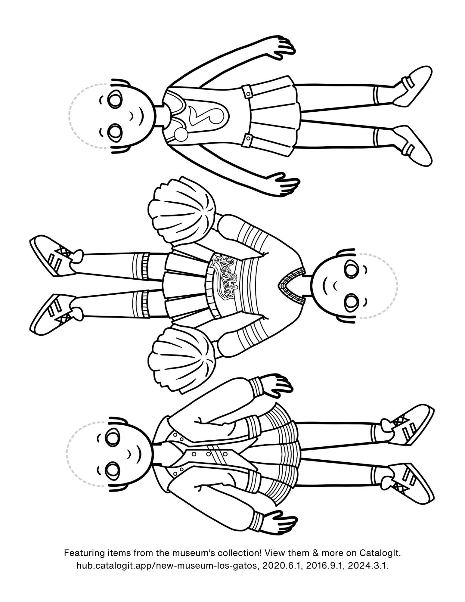 3 paper dolls, already clothed, wearing retro style Los Gatos High School cheer uniforms