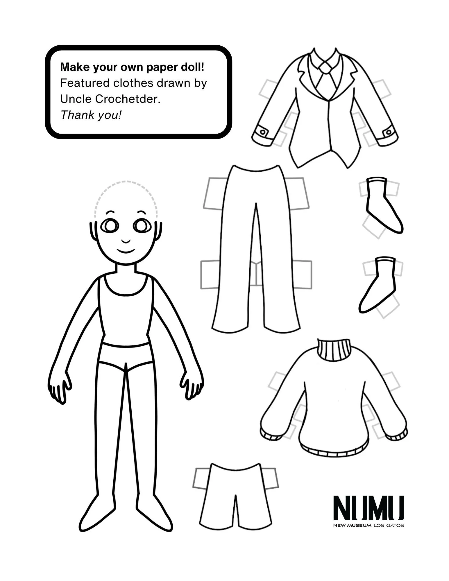 A paper doll, in underclothes, and 1960s style mens clothes
