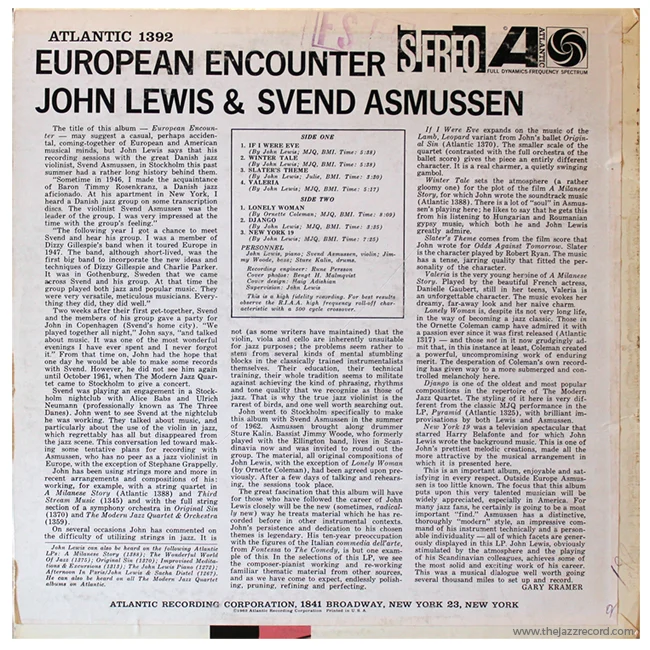John Lewis & Svend Asmussen - European Encounter - Back Cover Vinyl LP