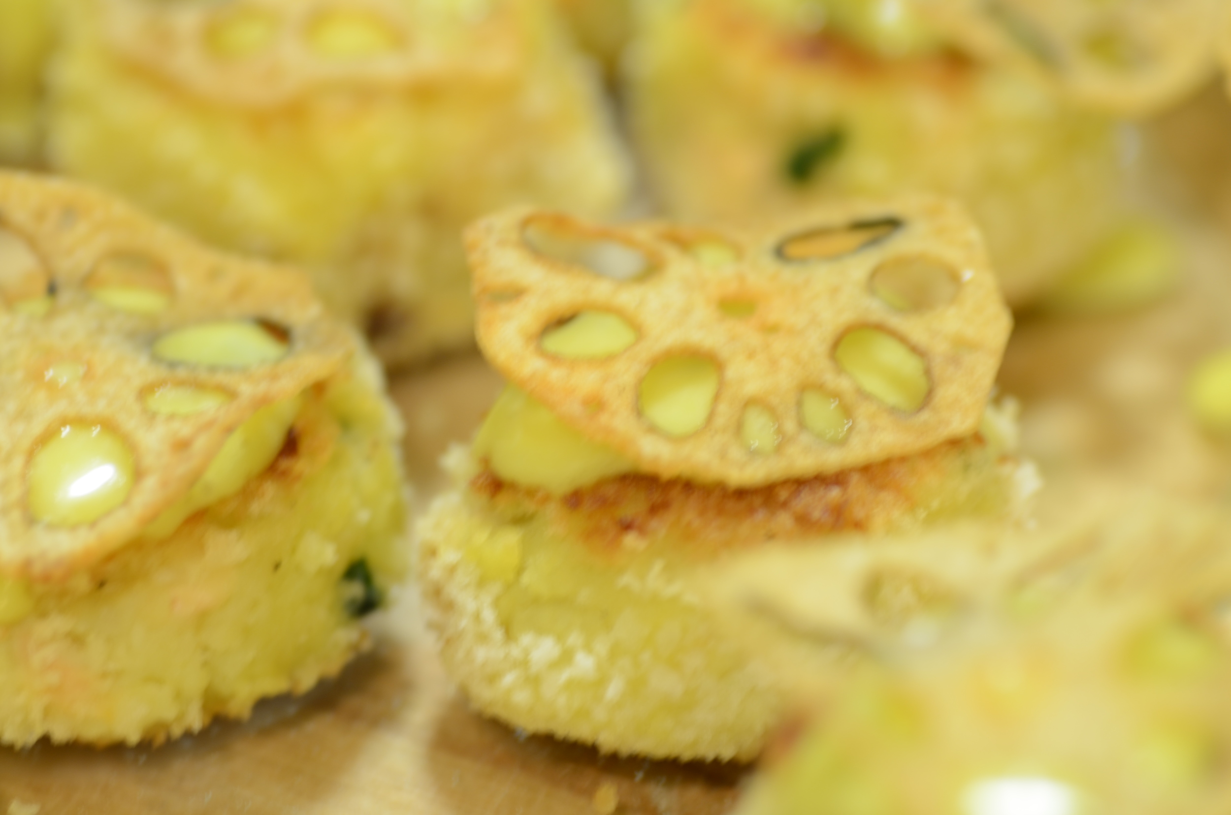 Salmon Cakes with Yuzu Mayo and Lotus Root Chip