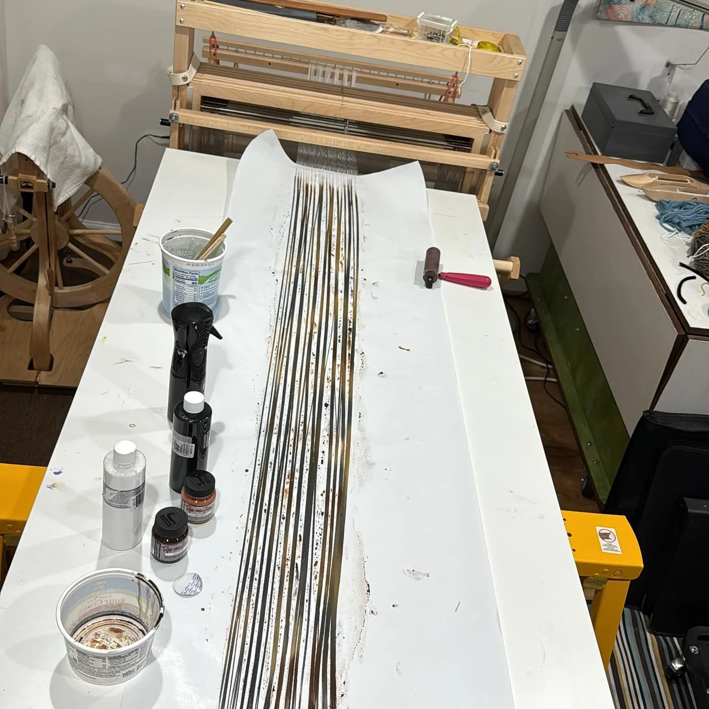 I&rsquo;m preparing to do some sample weaving on a painted warp (8/4 cotton, 10 EPI) using some of my recent spinning for weft. I&rsquo;ll be experimenting with several ideas related to a piece (series?) that&rsquo;s been slowly forming in my mind si