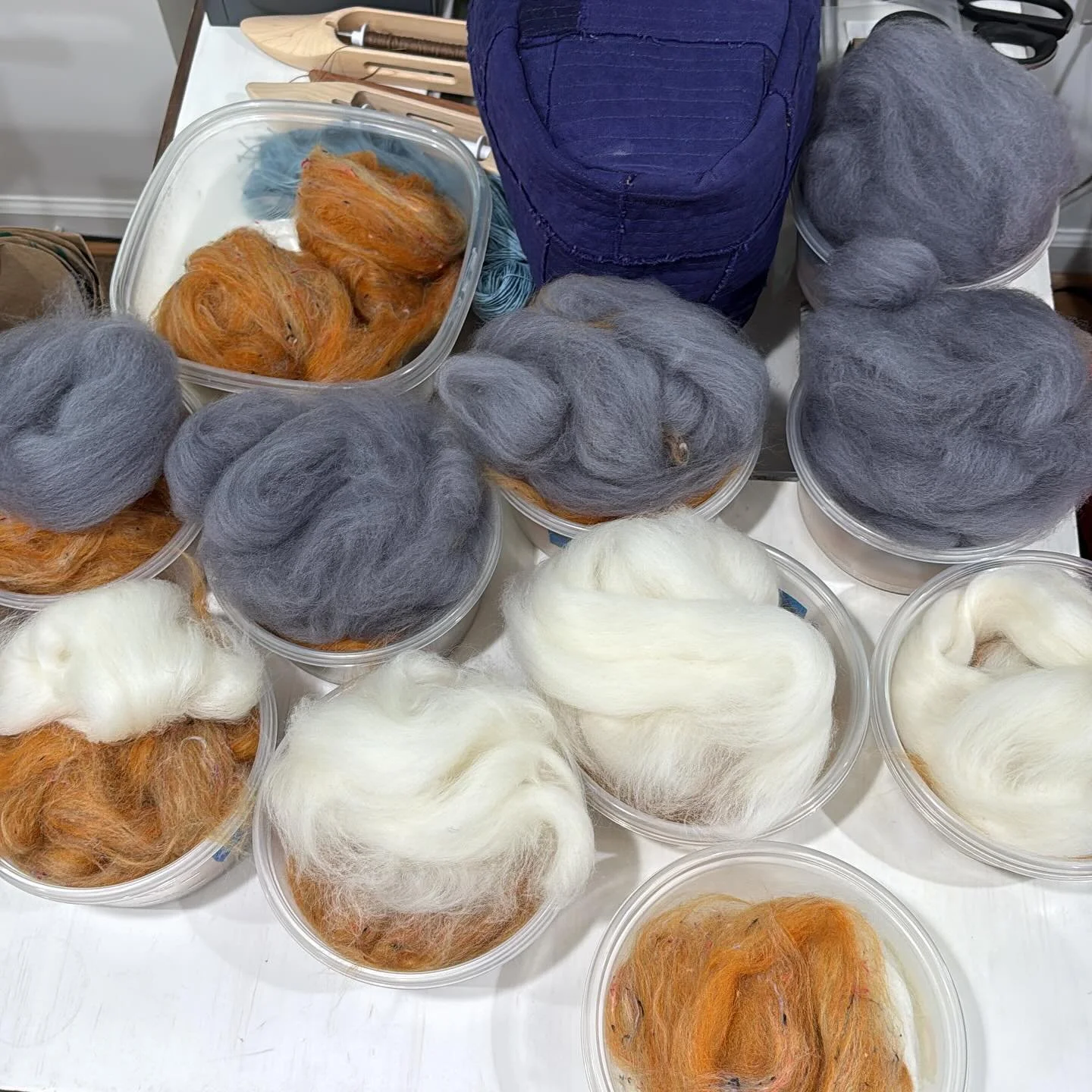 Preparing to card an 11-step wool gradation by tinting and toning a base color with white and gray. #handspinning #woolprocessing @artclothnetwork @hyattsvillefiberartsguild