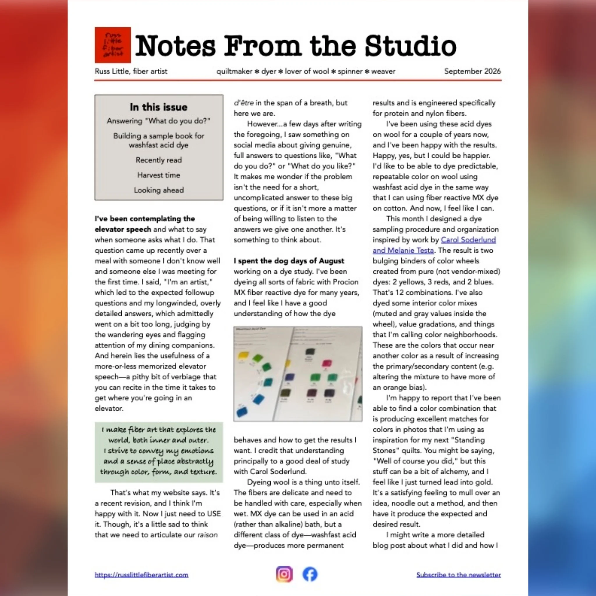 The September issues of my studio newsletter is out and available at https://russlittlefiberartist.com/recent-blog-posts (link in my bio). Read about my recent adventures in the studio and be sure to subscribe if you&rsquo;d like to receive an email 