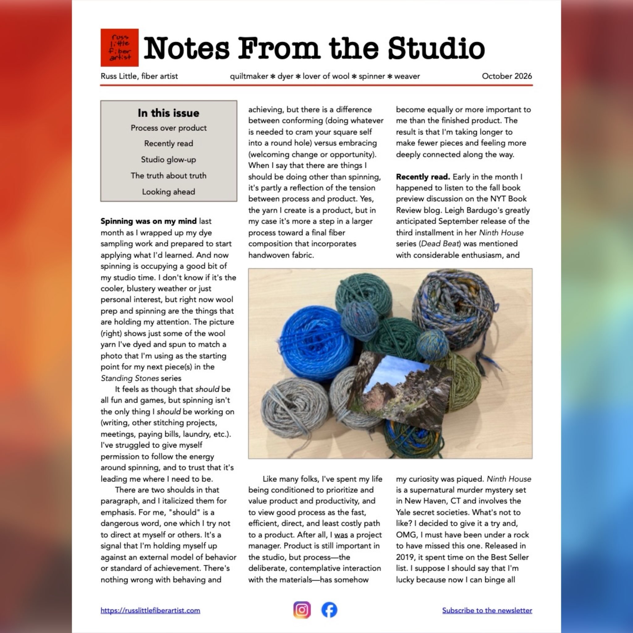The October issue of my studio newsletter is out and available at https://russlittlefiberartist.com/recent-blog-posts (link in my bio). Read about my recent adventures in the studio and be sure to subscribe if you&rsquo;d like to receive an email not