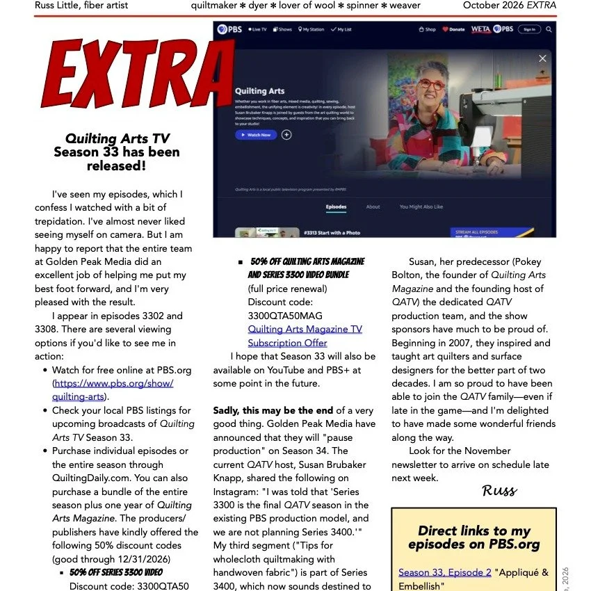 My two appearances on Quilting Arts TV are now available for streaming on PBS.org. Read all about it in a special EXTRA edition of my studio newsletter at https://russlittlefiberartist.com/recent-blog-posts (link in my bio). The newsletter includes o