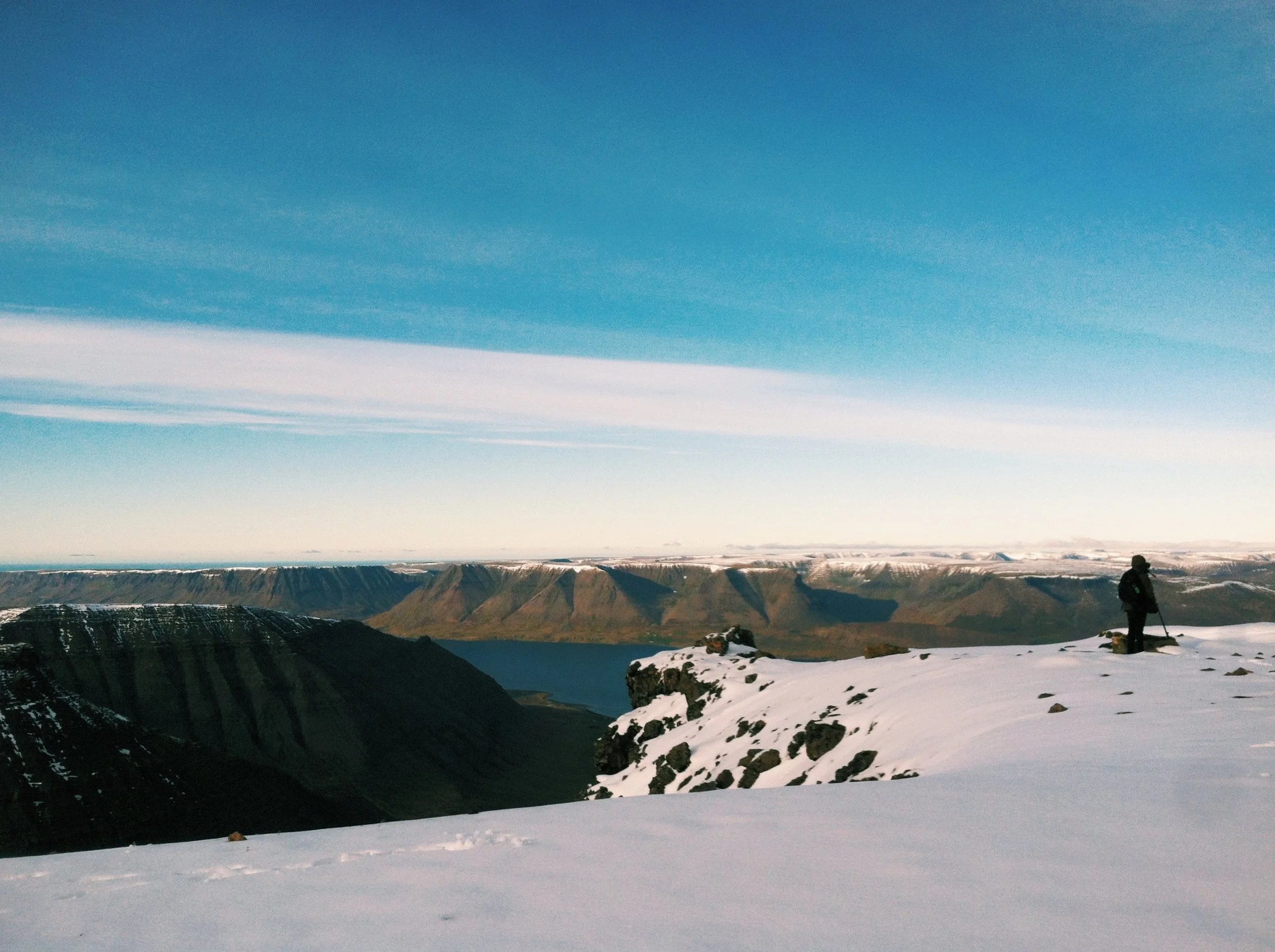  Capturing stunning views on cold mountain tops while filming for Dyrafjordur in the West Fjords of Iceland. 