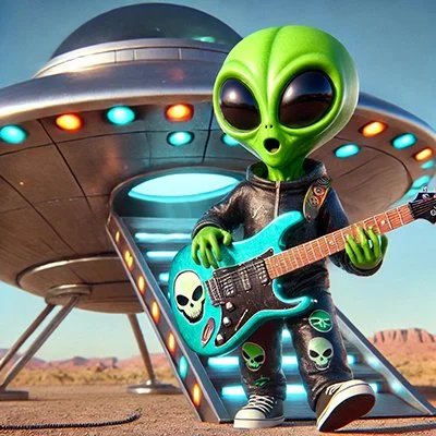 Illustration of a small green alien playing an electric guitar beside a landed spacecraft in a desert landscape