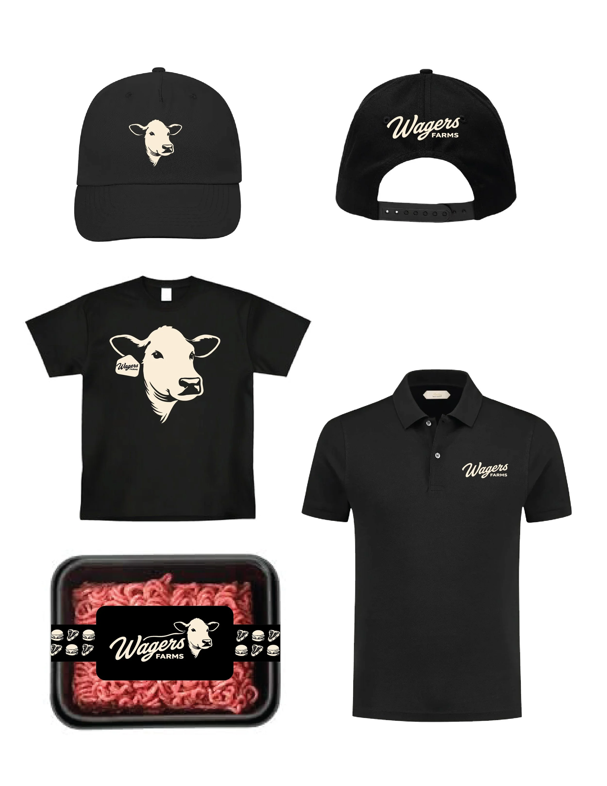 Images of the Wagers Farm logo being used on shirts, a hat, and a package of ground beef