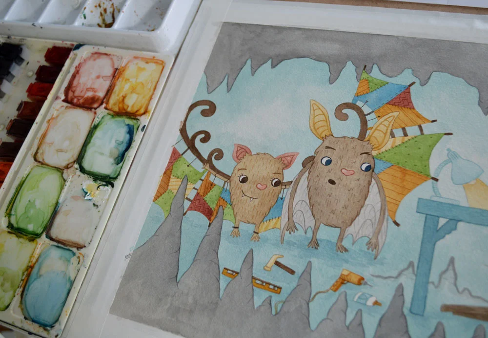 The final art was done in watercolor. Here's one of the spreads WIP.
