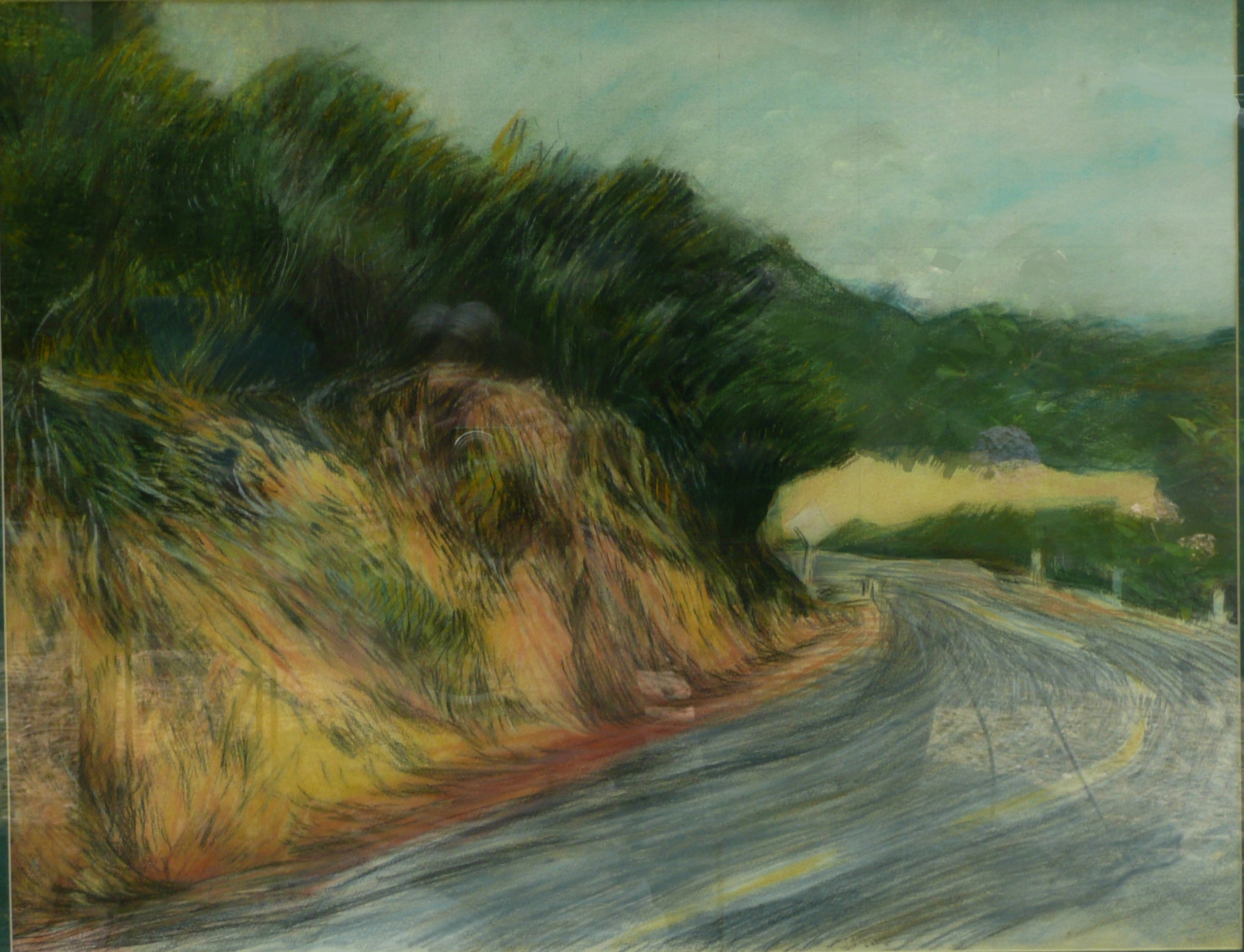 Mulholland Drive , 31 x 22 inches, 1984, pastel. White road markers beside and yellow lines on the baked asphalt two-lane road curl and curve into a blind corner. The winding street in the Santa Monica Mountains behind Hollywood, running all the way to the beach, inspired 2001 American neo-noir mystery film Mulholland Drive .