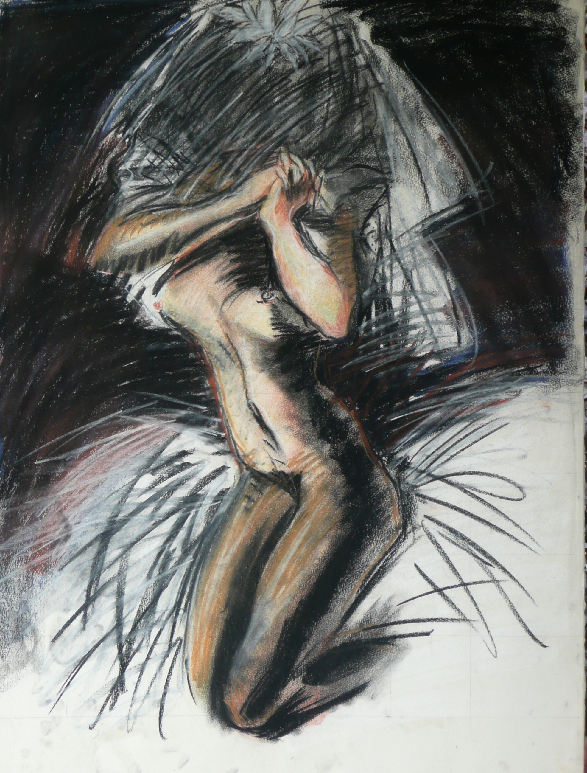 Supplicating Bride , 22 x 31 inches, 1984, pastel. One of three studies of the Madonna explores the roles of women and their perceptions: headless, faceless or monsters. Would you get married like this?
