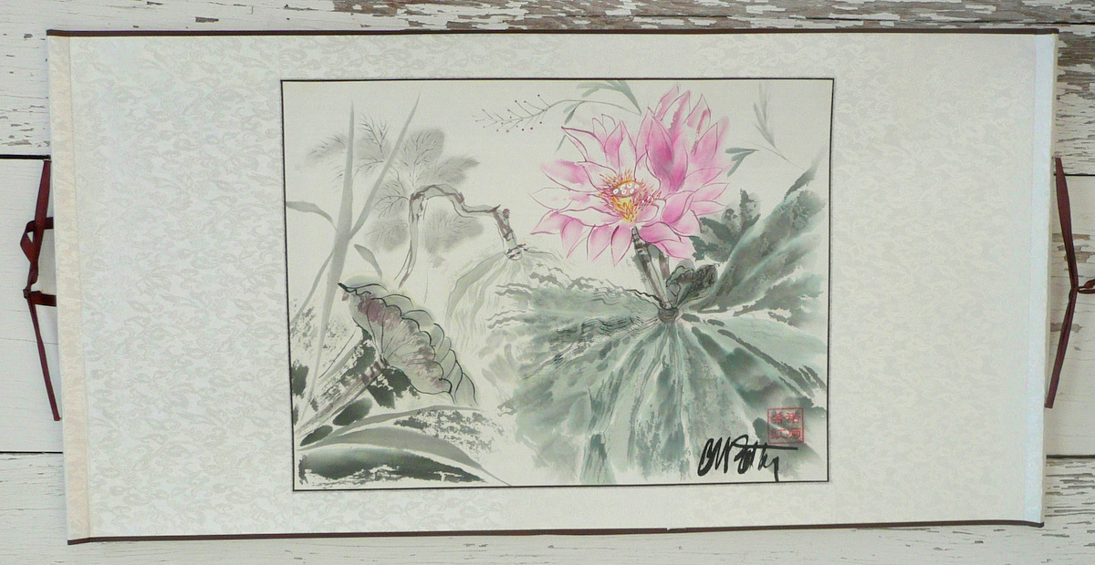 Lianhua , Waterlily, was painted in Beijing in 2011 and is mounted traditionally on a horizontal silk scroll. It is a Hua Niao Hua ─flowers─style. 