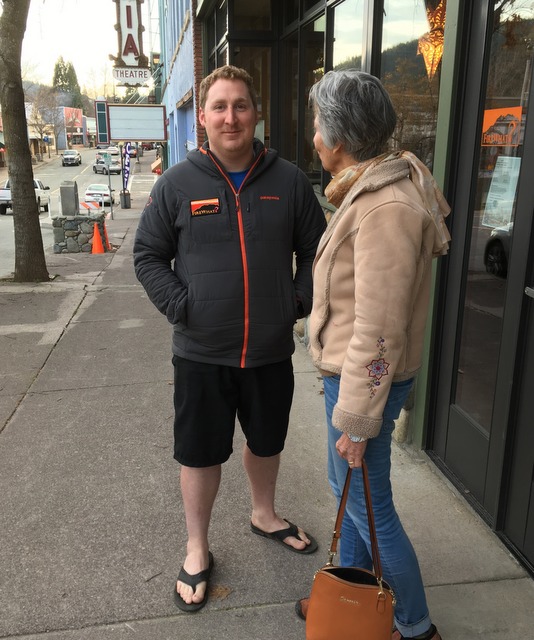 Videographer and Dunsmuir City Councilman, Josh Spurlock, networks on the avenue with Cheryl Petty, HFAT Project Manager.