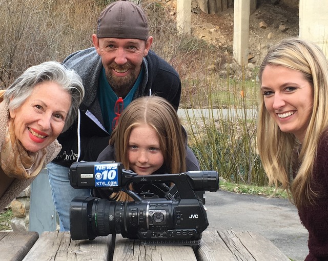 Channel 10 News reporter, Ariana Rakhshani (right) at photo shoot with Dunsmuir locals Petty, Aaron Greener and his daughter Riley. Location Tauhindauli Park and Trail.