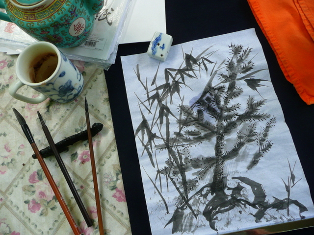 Pine and bamboo brush painting plein air. The western painting conventions intrude and war with the eastern principles. The result is confused and energetic.