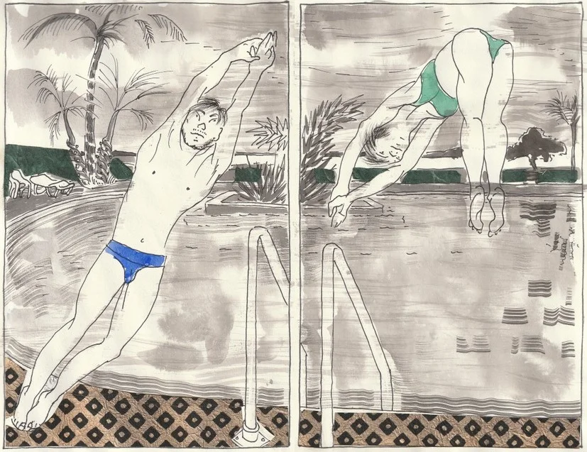 Ron and Mai swim to an artificial island and float, fingers entwined, staring up at the black sky through steamy condensation clouds.
