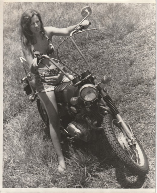 RR#1 Box 82 Haiku, Maui Hawaii 96708: Cher on her 1967 Honda 350, cut-offs, flip-flops and bikini.