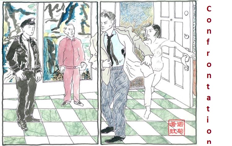 In the two-panel illustration “Confrontation,” an exercise in opposites/opposition, contrast/harmony and passive/action, the combatants were placed on a grid employing a method used by Raphael to determine their height and location. The checkerboard grid was retained as a feature of the design.