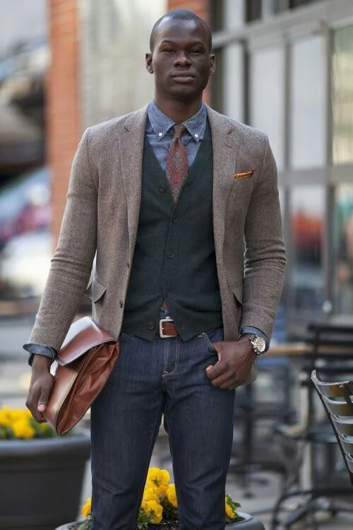 Add a vest, pocket square, and patterned tie with your sportcoat and jeans for that dapper look!