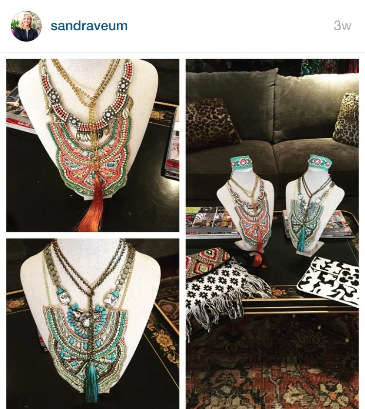 Statement necklaces and tribal beaded clutches are a must!