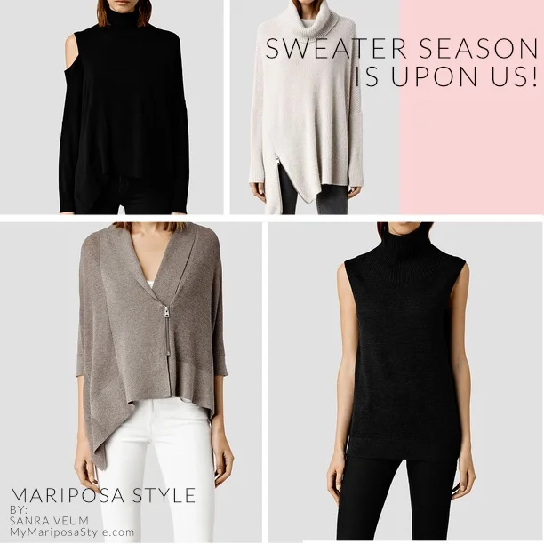 Upper left corner- Cecily Sweater $195, upper right corner- Able Roll Neck Sweater $250, bottom left corner- Ali Cardigan $230, bottom right corner- Coyte Tank Top $178