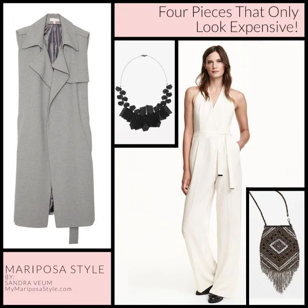 A Common Space, Minimal Gray Duster Trench, $78.00, Cos Stores, Perforated Plate Necklace, $59.00, H&M, Halterneck Jumpsuit, $59.99, ZARA, Fringed Bag, $49.90