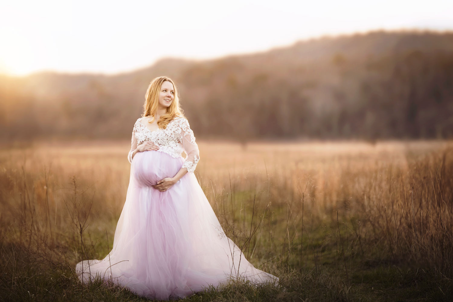 Beautiful view in Cades Cove for maternity session in rental purple tulle gown.