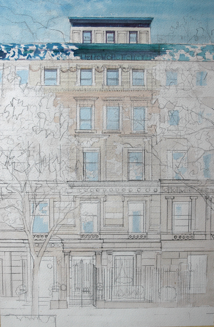 Watercolor painting of NYC townhouse