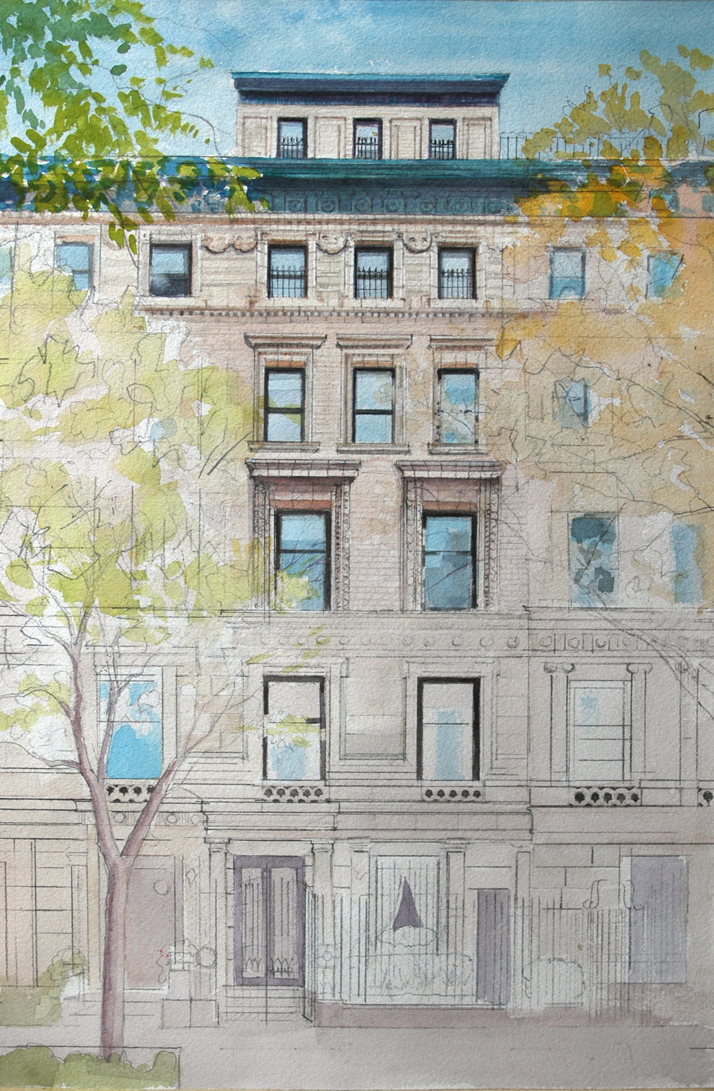 Watercolor painting of NYC townhouse