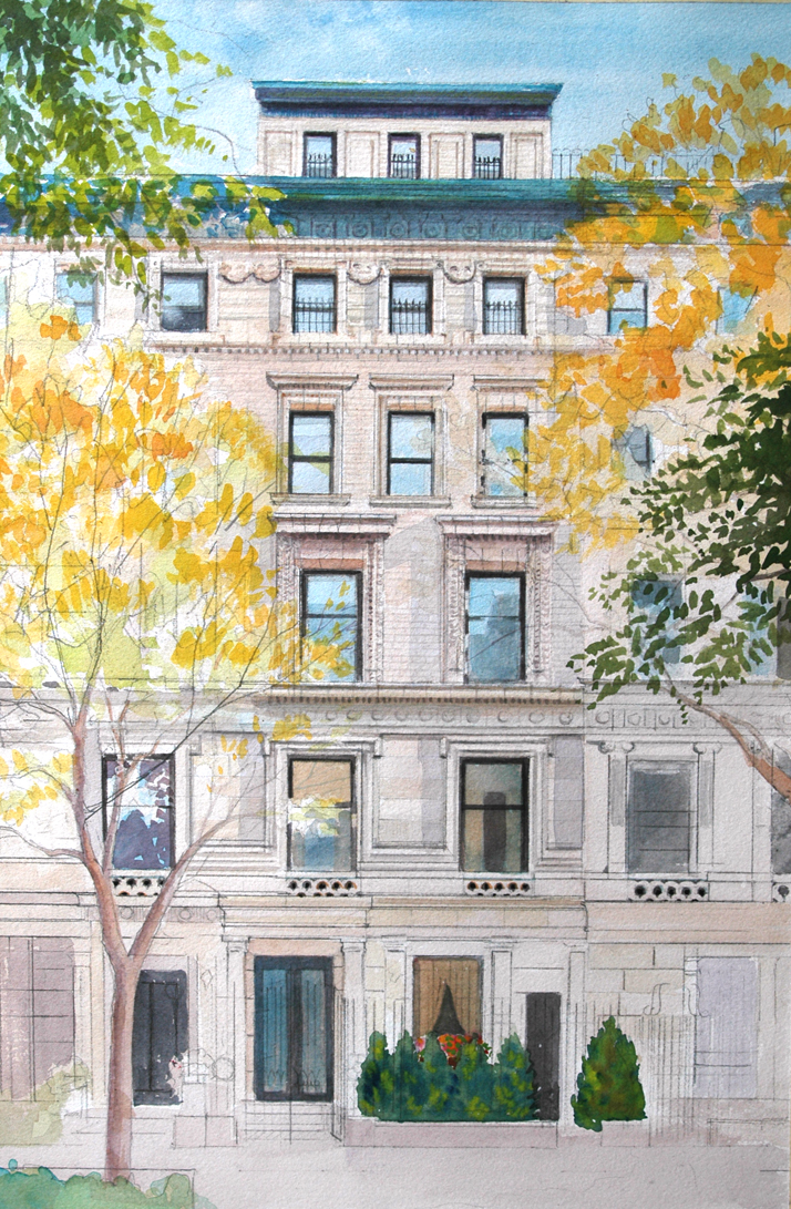 Watercolor painting of NYC townhouse