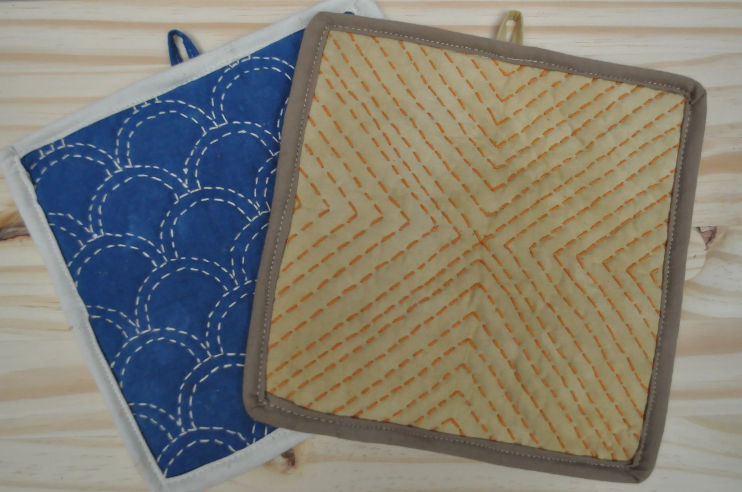 sashiko potholders with hand dyed cotton