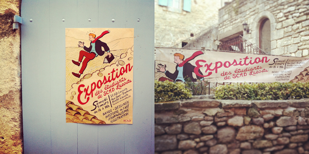 The final design hit many chords. The Tin-Tin like figure resonated well with the locals (Tin-Tin is very popular in France) while simultaneously representing the students’ experiences (Lacoste is a village of many steep hills and we often lost our footing on those cobblestones). The poster was selected out of several student submissions by the campus director and many copies were printed and posted up in the surrounding areas. It was exhilarating to see my work all across Provence, and extremely validating to hear how a second print was needed after locals kept removing posters to take home for themselves.