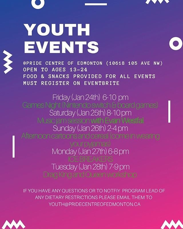 Check out these awesome Youth Events happening at @yegpridecentre starting tonight!

#yegpride #yegpridecentre