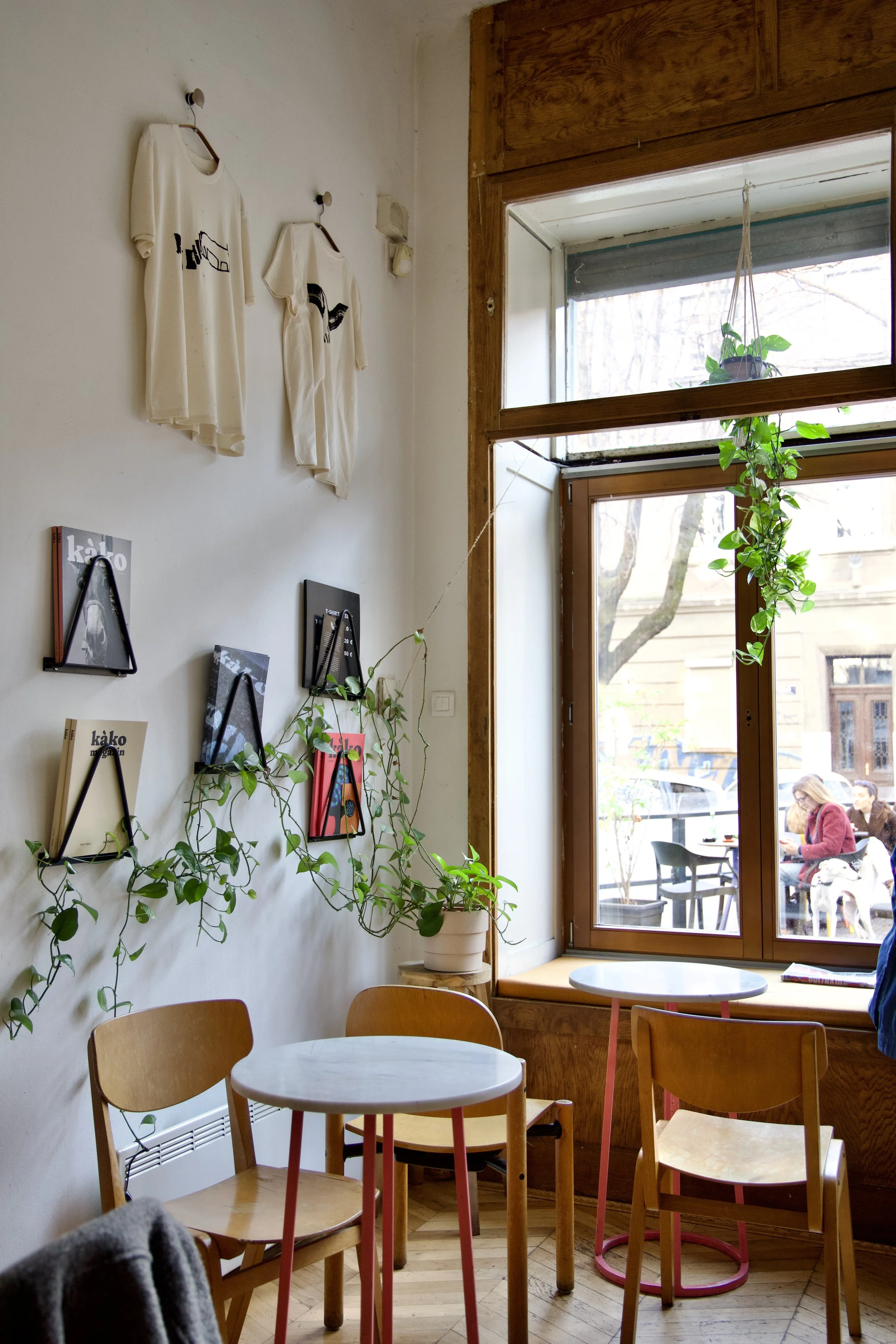 cafe interior, natural light, magazines, wood, window seat, plants