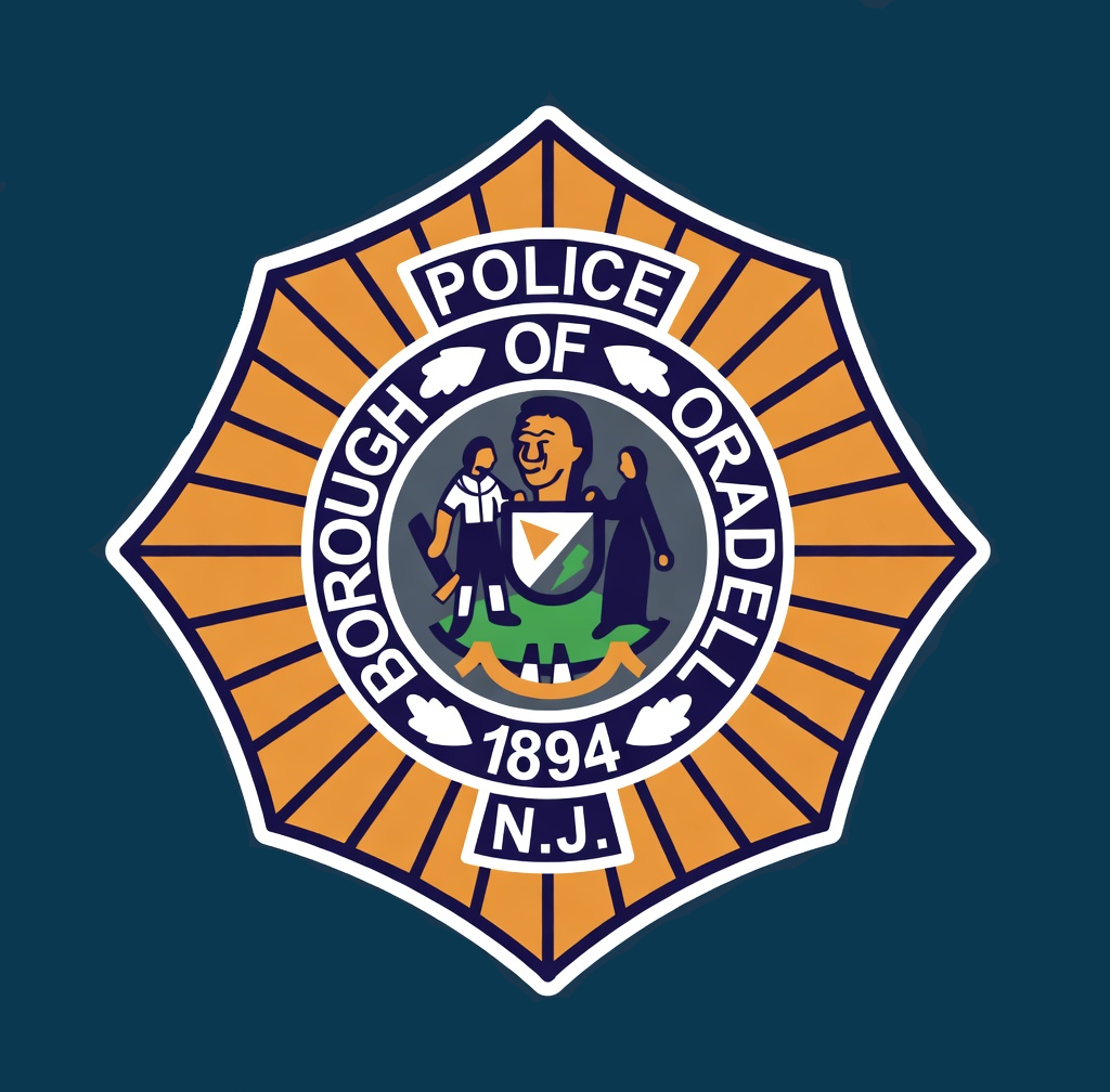 Seal of the Borough of Oradell, New Jersey, featuring two female figures, a man, and a shield with a lightning bolt, surrounded by a golden starburst design.