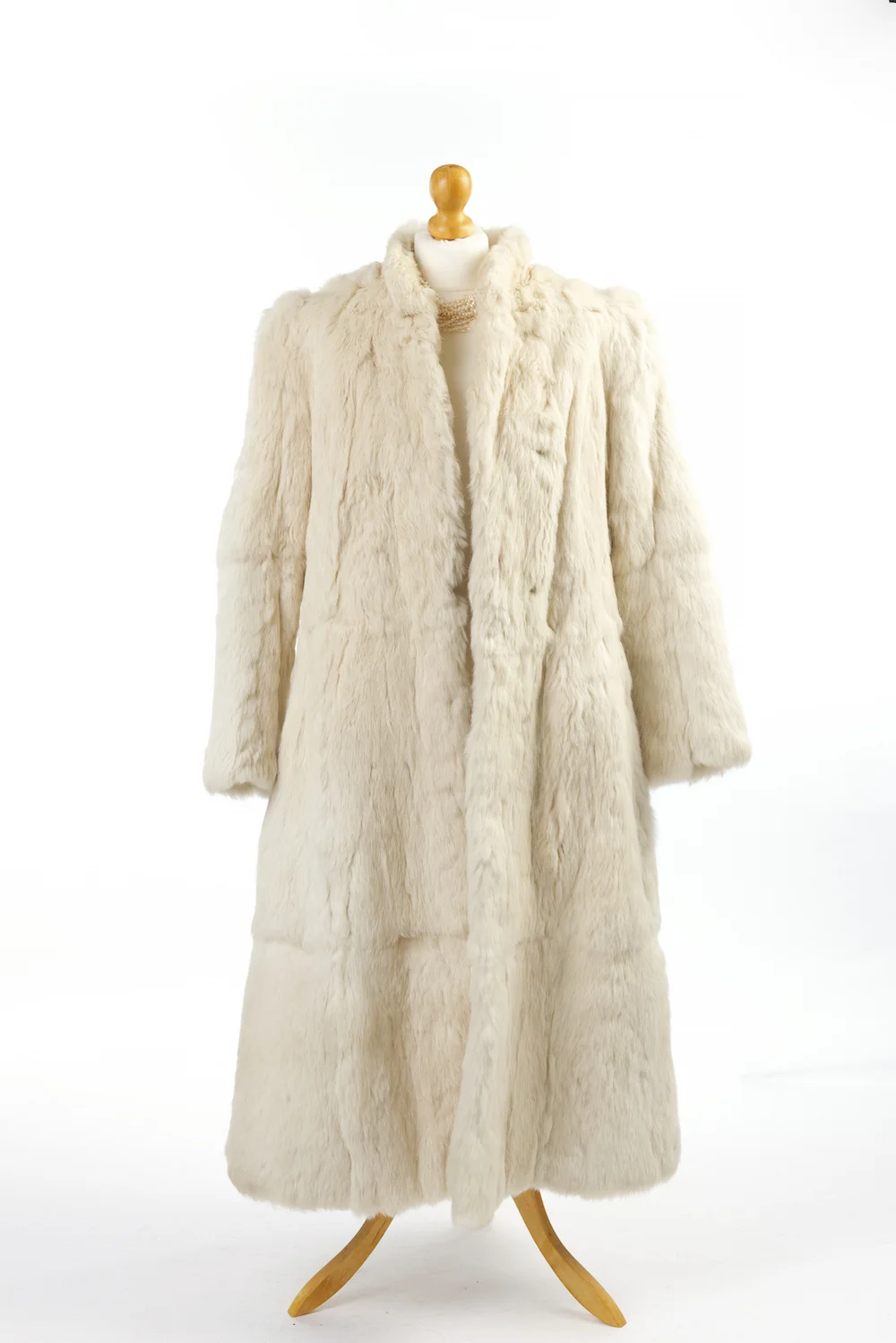 White Coney fur coat with pink silk lining