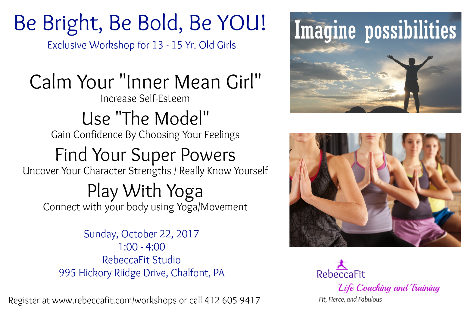 Mom and Dad, The Model will teach her that her feelings are based on HER thoughts - that she is in charge of how she feels. NOT that you did or didn't do something to make her feel a certain way! End the blame game and the arguing! See how this empowerment changes the relationships within the house! If paying by check, please call Rebecca directly... 412-605-9417