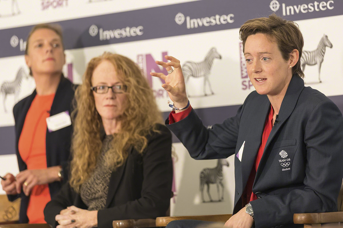  (L-R) Catherine Baker, Sally Hancock, Hannah Macleod  Women in Sport conference / Investec at Lord's Cricket Ground Pavilion  © Copyright Rebekah Kennington. All Rights Reserved. 