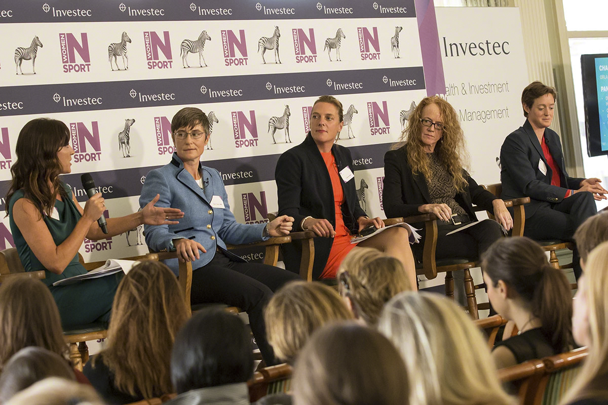  (L-R) Orla Chennaoui, Claire Taylor MBE, Catherine Taylor, Sally Hancock, Hannah Macleod  Women in Sport conference / Investec at Lord's Cricket Ground Pavilion  © Copyright Rebekah Kennington. All Rights Reserved.&nbsp; 