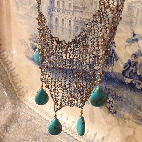 stainless/wool knitted bib necklace :: turquoise and seed beads