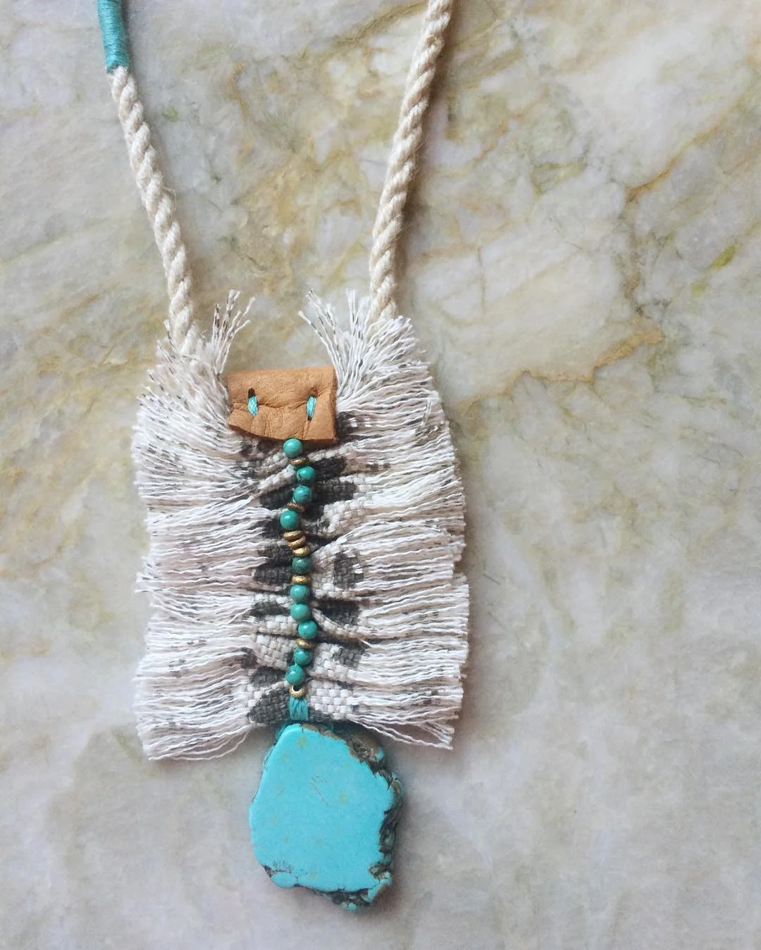 handmade tribal fringe necklace :: leather :: cotton :: turquoise 